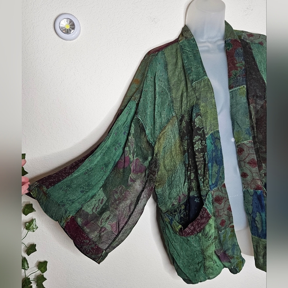 NWT Young Threads Multicolor Patchwork Semisheer Lightweight Kimono Jacket Basil - Picture 3 of 10